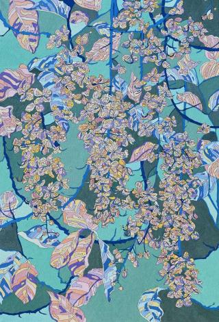 張惠菱《黃金雨》膠彩，72.5x50m，2024