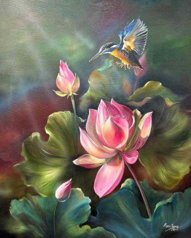 曾啟文  荷花池畔 翠鳥展翅 53X65cm  2024  油畫_0