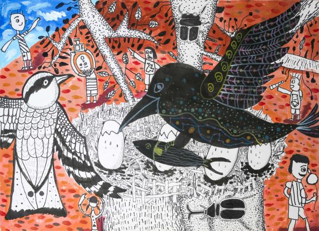 第12組第一名／畫作名稱：大自然的鳥語教室 創作心語：感謝冠如老師不辭辛勞地協助我完成畫作，很有成就感。