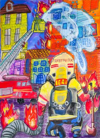 第9組第一名／畫作名稱：長大我想當消防員 創作心語：看了火神的眼淚介紹後，詠叡就一直說他長大想當英勇的消防員。當知道要參賽，詠叡二話不說地說他要畫消防員。詠叡是個個性急躁的孩子，平時凡事求快速；但，這次他為了能將最好呈現，慢慢地配合，完成了創作。媽媽跟我很感動，看到叡叡的成長！