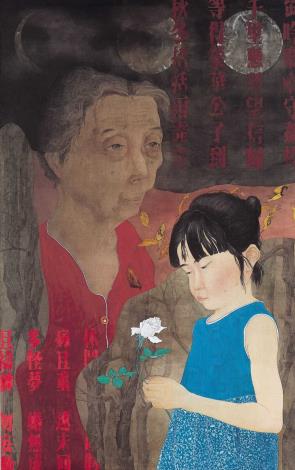 王友聖《迷與信系列之二》  2003年150×90公分  工筆、絹、植物染料、水干顏料、礦彩顏料