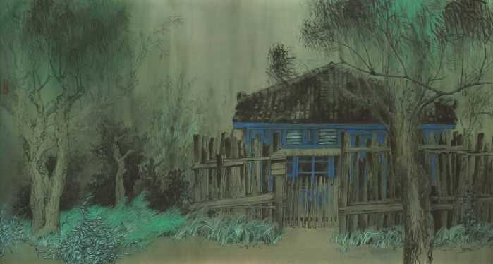 王友聖《春雨》  2004年  52×97公分  水墨、絹、礦彩顏料