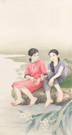 李仁杰《河邊傾訴》 2012年 167.5×89.5公分 絹本彩墨_圖片替代文字