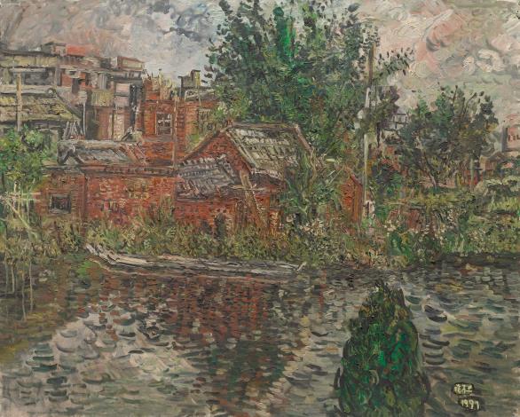 陳來興《秀水鄉有池塘的農莊》  1997年  162×112公分  油彩