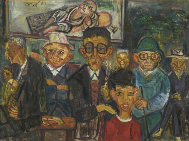 陳來興《鹿港天后宮的老人們》  1986年　  130×89公分  油彩