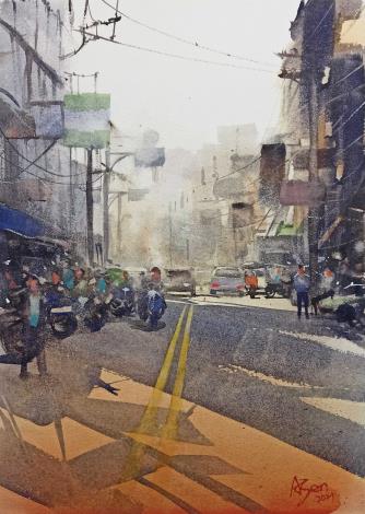 謝政憲《花壇鄉花壇路街景》　2021年　26×36公分　水彩_圖片替代文字