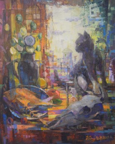 8_王聖平《貓咪愛魚》 2022年  91×72.5公分 油畫