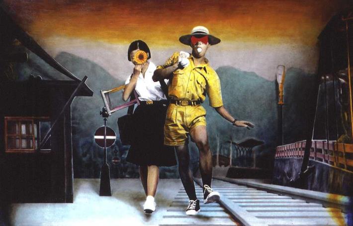 6_吳天章《戀戀紅塵1》 1997年 160cm×220公分 金蔥布 油畫 亮鑽（複合媒材）